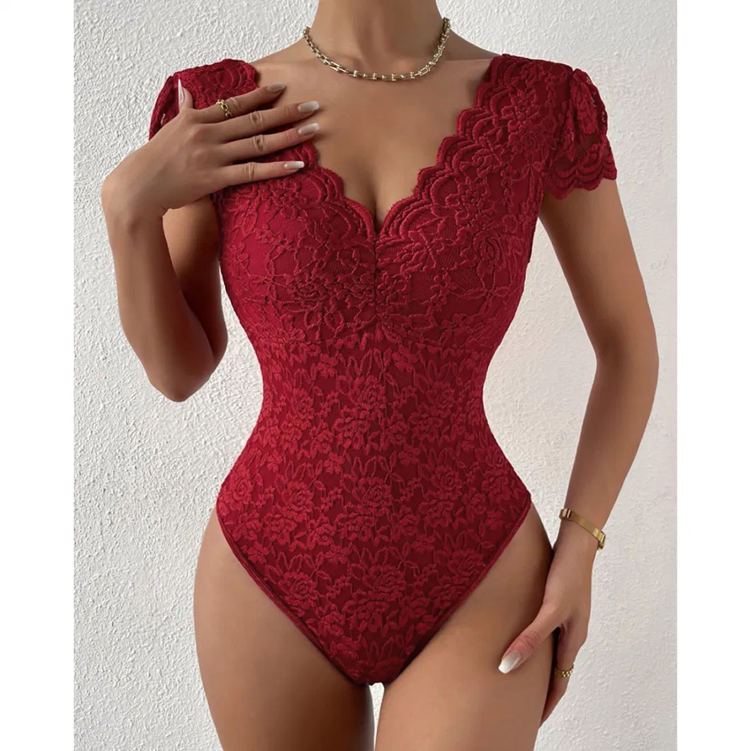 Women&prime;s Solid Color Lace Jumpsuit See Through Deep V Backless Sexy Shapers